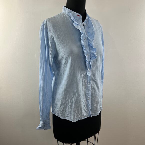 Ines De La Fressange UNI QLO Blue White Top Ruffle Metallic Stripe Size Medium M - Picture 6 of 10
